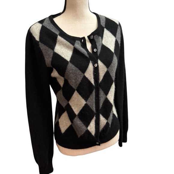 Apt. 9 100% cashmere Black Gray Argyle button up cardigan Women's Sweater Medium - Picture 1 of 9